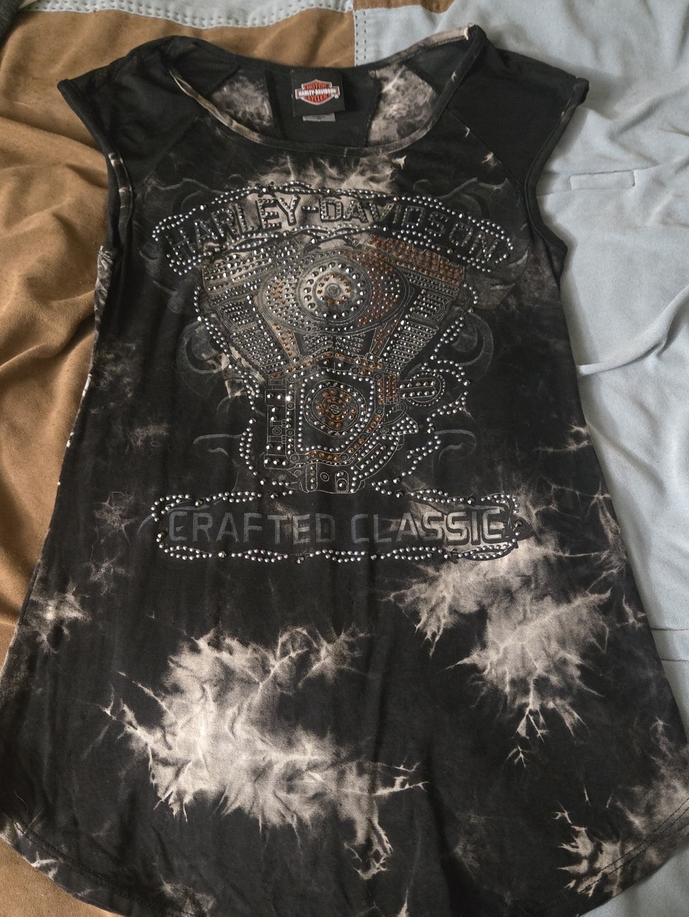 Harley‑Davidson Black and Bleached Tie‑Dye Studded Graphic Tank